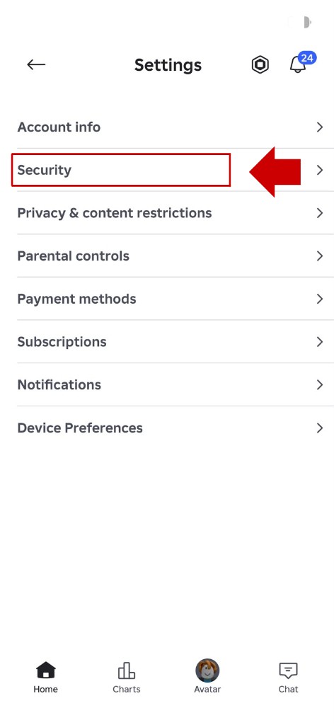 Settings, pilih Security