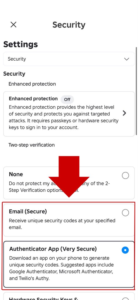 Pilih Email atau Authenticator App