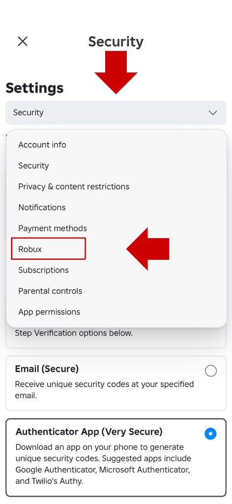 Dropdown Settings, pilih Robux